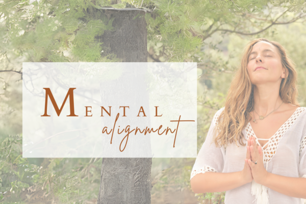 A serene woman meditating in nature with eyes closed, surrounded by soft, glowing light, paired with a tranquil, inspirational message about mental energy alignment on the right side of the image.