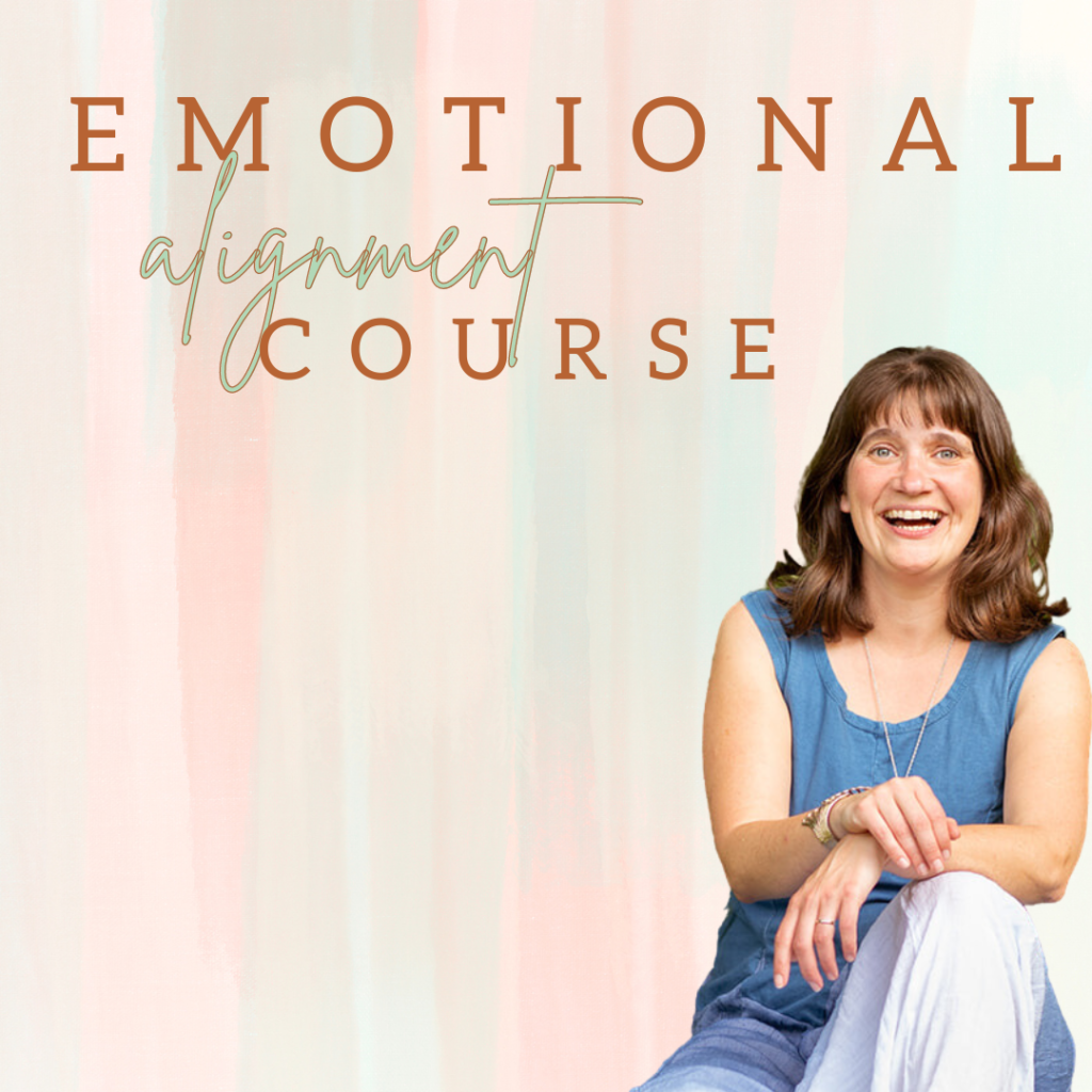 A promotional graphic featuring a spiritual alignment coach sits cross-legged against an artistic pastel background with the words "emotional alignment course" indicating a sense of wellbeing and personal growth.