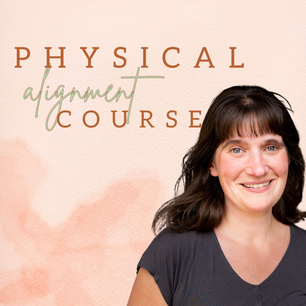Promotional graphic featuring a smiling spiritual alignment coach with a peach-colored background and text overlay that reads "physical alignment course.