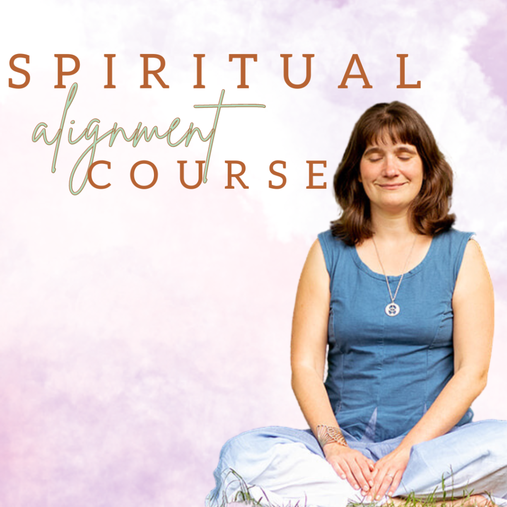 Promotional graphic featuring a spiritual alignment coach practicing meditation in a lotus position amidst the bustle of a city square, alongside the text Spiritual alignment course