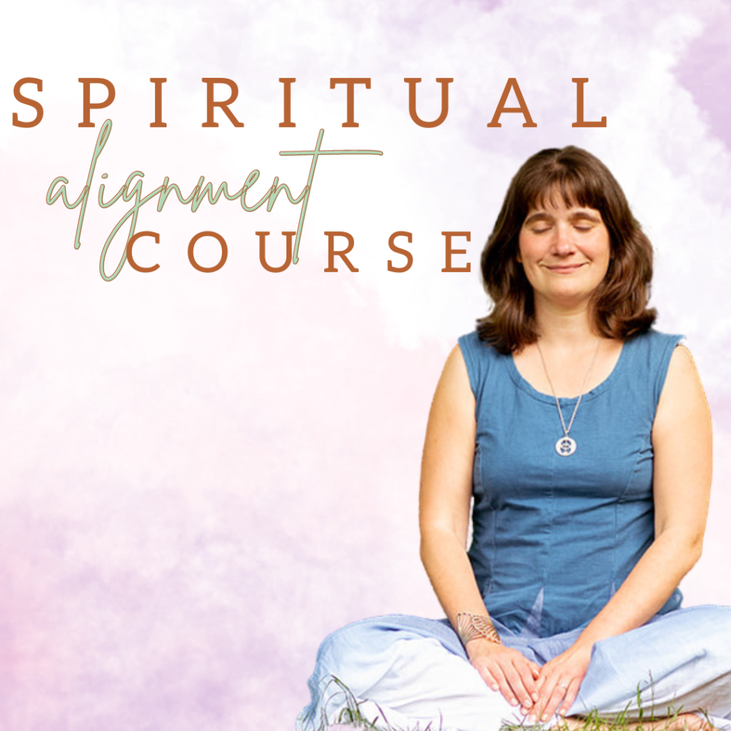 Promotional graphic featuring a spiritual alignment coach practicing meditation in a lotus position amidst the bustle of a city square, alongside the text Spiritual alignment course, Spiritual energetic alignment course